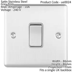 1 Gang Single INTERMEDIATE Light Switch SATIN STEEL & Grey 10A Metal Rocker