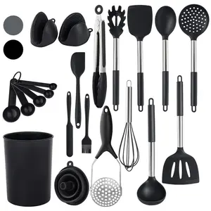 Silicone Kitchen Utensil Set 21 Pcs Non-Stick Heat Resistant Cookware, Food Grade And Dishwasher Safe Cooking Utensils With Holder (Grey) Black