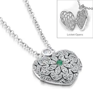 Emerald May Birthstone Vintage Locket Necklace White Topaz In Silver