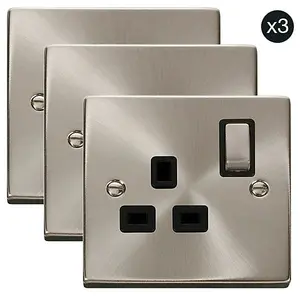 3 PACK - Satin / Brushed Chrome 1 Gang 13A DP Ingot Switched Plug Socket - Black Trim - SE Home