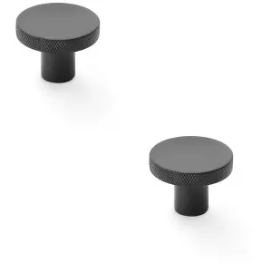 2 PACK - Knurled Round Radio Cupboard Door Knob - 38mm Diameter Matt Black Pull Handle