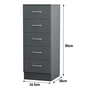 SunDaze Chest of Drawers Bedroom Furniture Bedside Cabinet with Handle 5 Tall Narrow Drawer Grey 34.5x36x90cm