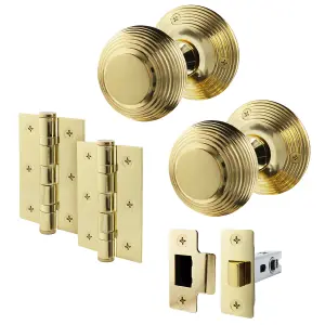 AFIT Beehive Door Knob Set Polished Brass - 1 Pair of Reeded Mortice Knobs (55mm), Latch (76mm) & Hinges (76mm) for Internal Doors