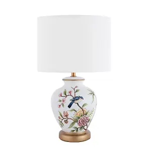 Traditional Ceramic Lamp Base in White Gloss with Coloured Birds and Flowers