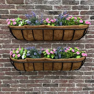 Set of 2 Manor Garden Black Metal Wall Basket Manger Trough Planters (90cm)