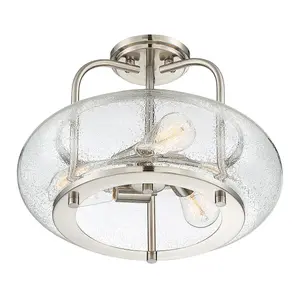 Semi Flush 3 Light Clear Seeded Glass Shade Brushed Nickel LED E27 60W