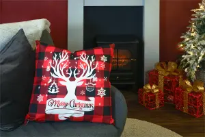 Xmas Haus Christmas Themed Cushion Plaid Stag Red/Black Linen