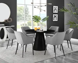 Furniturebox UK Palma Black Semi Gloss Round Pedestal Dining Table & 6 Grey Velvet Calla Black Leg Chairs