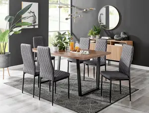 Furniturebox Kylo Brown Rectangular Wood Effect Dining Table & 6 Grey Velvet Milan Black Leg Chairs