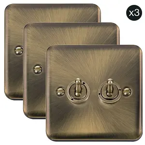 3 PACK - Curved Antique Brass 2 Gang 2 Way 10AX Toggle Light Switch - SE Home