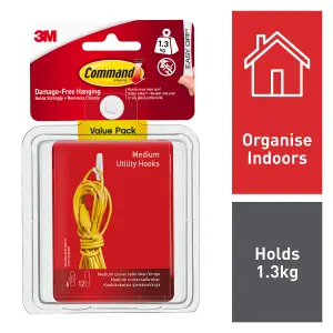 3M Command Utility Medium White Hook (Holds)1.3kg, Pack of 6