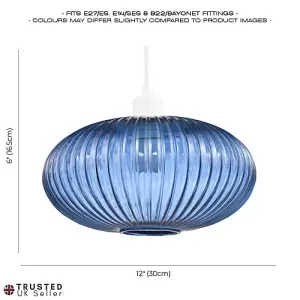 Modern Designer Navy Midnight Blue Line Ribbed Glass Oval Pendant Lamp Shade