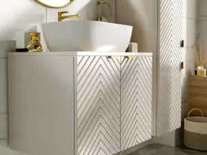 Bathroom Countertop Vanity Sink Unit 800mm Herringbone Ribbed Beige Modern Wall Mounted Cabinet Cara