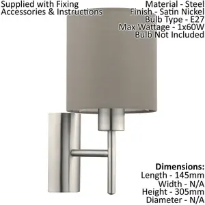 Wall Light Colour Satin Nickel Shade Taupe Fabric Rocker Switch Bulb E27 1x60W