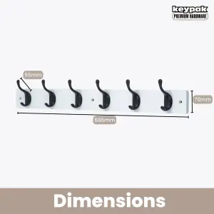 keypak 6 Matte Black Coat Hooks on White Wooden Board - 68cm Modern Wall Mounted Coat Rack Clothes Hanger