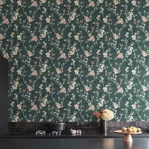 Grandeco Jasmin Floral Cherry Blossom Trail Blown Vinyl Wallpaper, Green