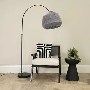 ValueLights Louis Black Arched Curved Floor Lamp with Grey Rope Dome Lamp Shade and LED Bulb