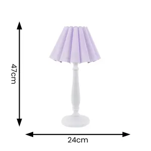 ValueLights Victoria White Wood Candlestick Stem Table Lamp with Lilac Scallop Tapered Lamp Shade and LED Bulb