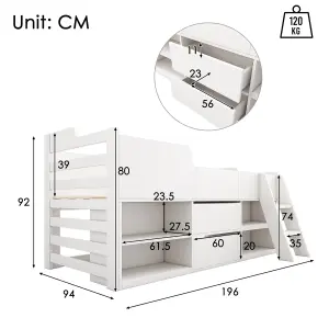 Cabin Bed Mid Sleeper Bed Frame Storage Kids Wooden bed Low Sleeper Bed Single Children's White Wooden Bed Frame Only 90 x 190 cm