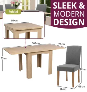 Hallowood Furniture Newquay Oak Flip Top Extending Table with 6 Upholstered Chairs in Grey Fabric