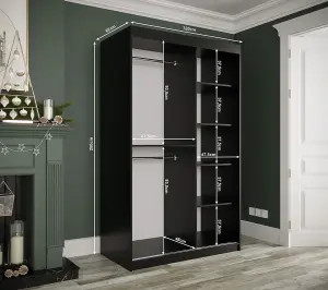 Compact Black Geneva T Sliding Door Wardrobe W1200mm H2000mm D620mm - Sleek Design, Gold Handles, Efficient Storage