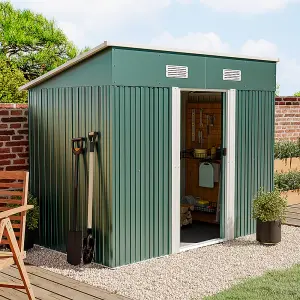 8 x 4 ft Pent Metal Garden Shed Outdoor Storage Shed with Lockable Door and Base Frame, Dark Green