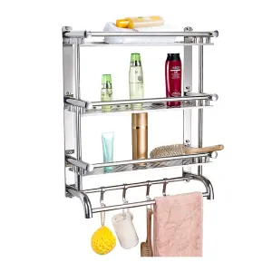 Chrome Wall Mounted Metal Bathroom Shelving Shower Organizer with Towel Rail Rack and Hook