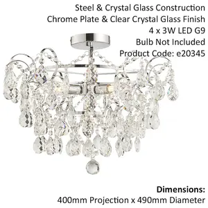 Decorative Flush Bathroom Ceiling 4 Light Fitting - Clear Glass Faceted Crystals