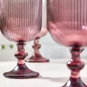 Set of 4 Vintage Luxury Pink Ribbed Drinking Wine Glass Wine Goblets 360ml