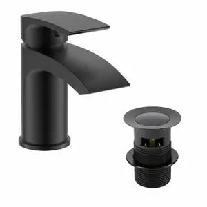 Black Matt Waterfall Basin & Bath Filler Tap Lever Square Deck Mounted Modern Inc. Bath Waste