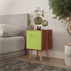 URBNLIVING 50cm Height Green 1-Drawer Cube Teak Shelving Unit with Scandinavian Beech Legs