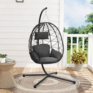 100cm W x 100cm D x 195cm H Black Hanging Chair with Stand and Dark Grey Cushion