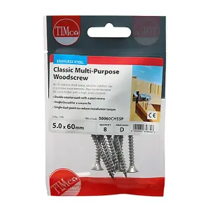 TIMCO Classic Multi-Purpose Countersunk A2 Stainless Steel Woodcrews - 5.0 x 60 (8pcs)