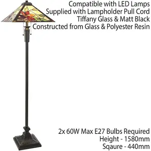 1.6m Tiffany Twin Floor Lamp Matt Black & Flowers Stained Glass Shade i00019