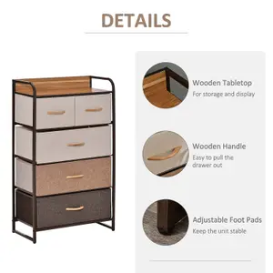 HOMCOM Closet Dresser, Dresser Tower With 5 Linen Fabric Drawers Steel Frame