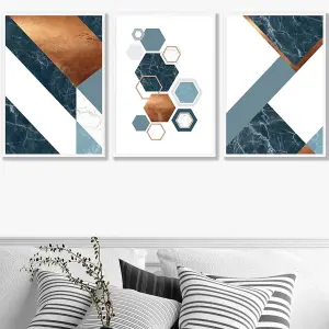 Set of 3 Abstract Mid Century Teal Orange Geometric Wall Art Prints / 50x70cm / White Frame