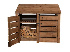 Slatted wooden log store with door and kindling shelf W-146cm, H-126cm, D-88cm - brown finish