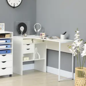 HOMCOM L-Shaped Corner Computer Desk Study Table w/ Storage Shelf - White