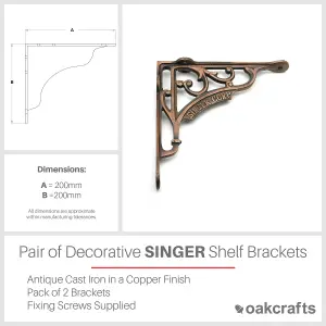 Oakcrafts - Pair of Antique Cast Iron SINGER Corp Shelf Brackets Copper Finish - 200mm x 200mm