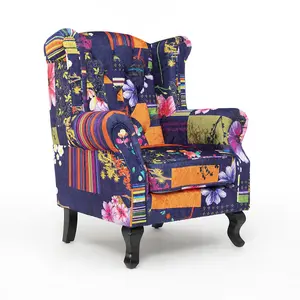 Fabric Purple Patchwork Chesterfield Wingback Chair