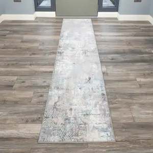 Blue Grey Distressed Abstract Metallic Geometric Living Runner Rug 70x240cm