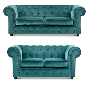 Ashbourne Chesterfield Teal Velvet Fabric Sofa Suite 3 Seater and 2 Seater Studded Design