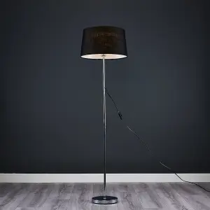 ValueLights Modern Standard Floor Lamp In Polished Chrome Finish With Black Tapered Shade