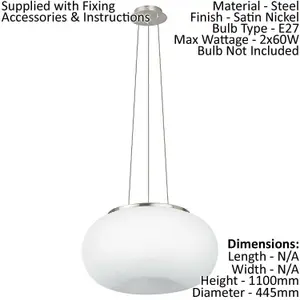 Pendant Ceiling Light Colour Satin Nickel Shade White Glass Opal Matt Bulb E27 2x60W