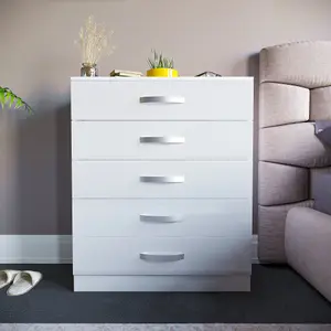 Vida Designs Hulio White High Gloss 5 Drawer Chest (H)900mm (W)750mm (D)360mm