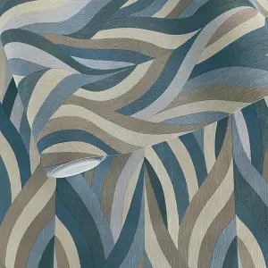 Holden Arabesque Leaves Geometric Leaf Stripe Vinyl Texture Blue Wallpaper