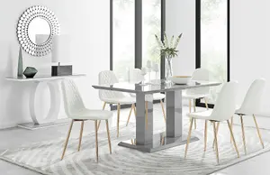 Imperia Grey High Gloss 6 Seater Dining Table with Structural 2 Plinth Column Legs 6 White Faux Leather Gold Leg Corona Chairs