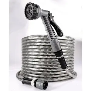 25ft Stainless Steel Hose with 7 Function Spray Nozzle - Flexible Kink Free Rustproof Puncture Resistant Outdoor Garden Hosepipe