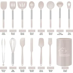 Silicone Cooking Utensil Set Premium Kitchen Utensils Spatula Set With Wooden Handle For Cooking And Baking-Heat Resistant & BPA Free-Best Kitchen Gadgets Tools Gifts Khaki