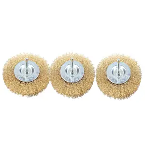 3 x 100mm Wide Flat Steel Wire Brush for Drills Brass Coated Rust Paint Remover